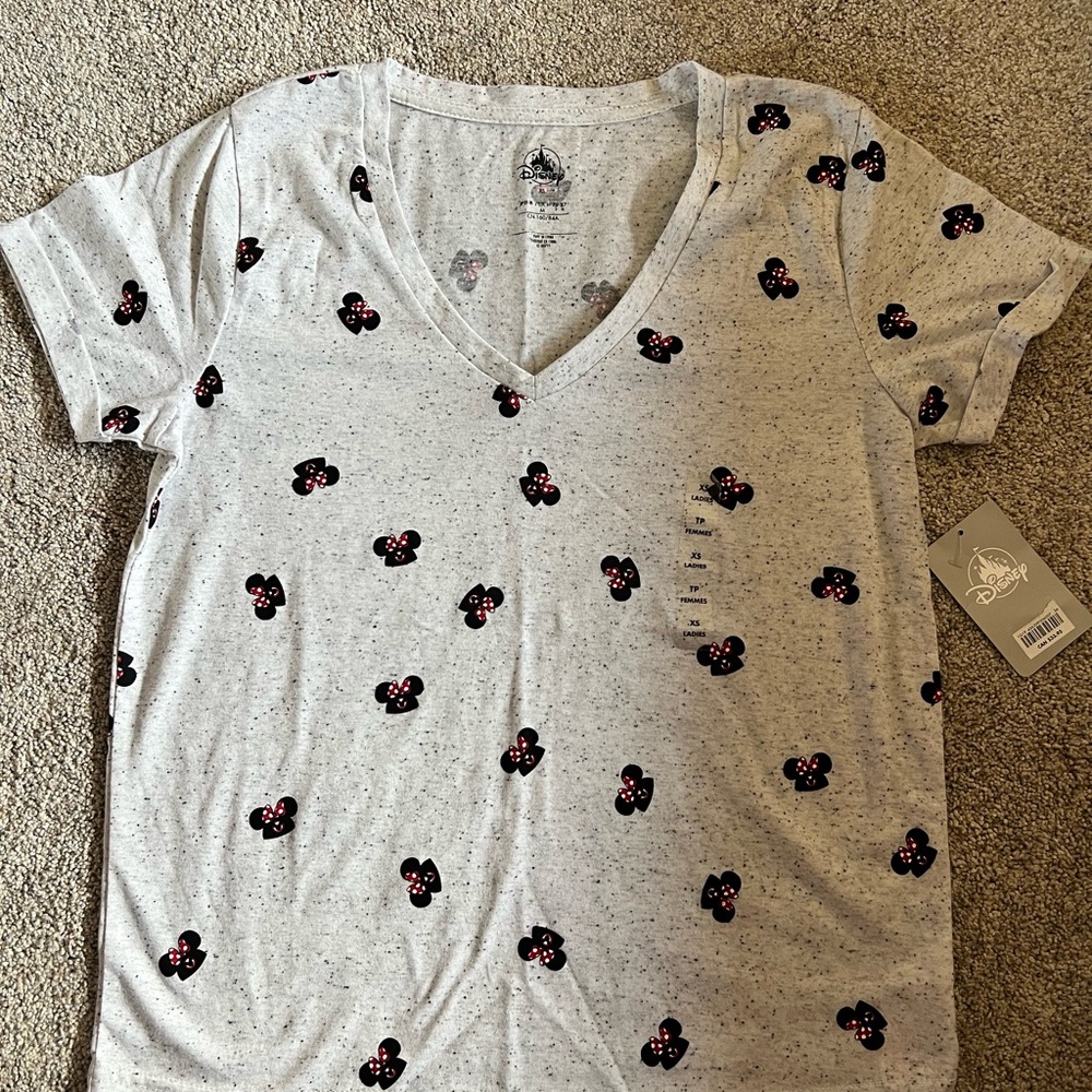 Disney Minnie Mouse Speckled Gray V‑Neck Tee XS NWT